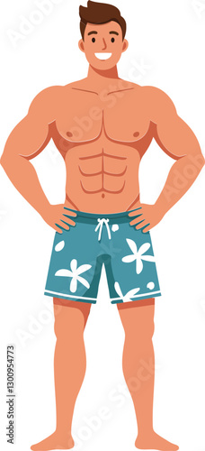Athletic man standing confidently in beach shorts with a smile, minimalistic style, showcasing fitness and summer vibes in vibrant vector illustration