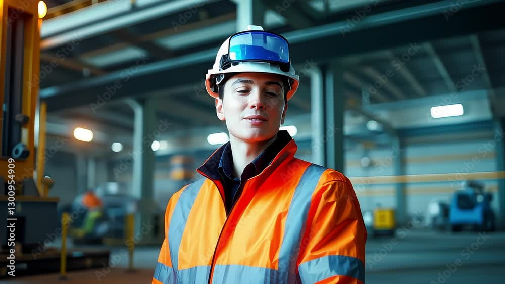 A focused engineer stands in a cutting-edge industrial setting, donning protective gear. her determined expression highlights professionalism and readiness amid advanced machinery, suggesting innovati A focused engineer stands in a cutting-edge industrial setting, donning protective gear. her determined expression highlights professionalism and readiness amid advanced machinery, suggesting innovati