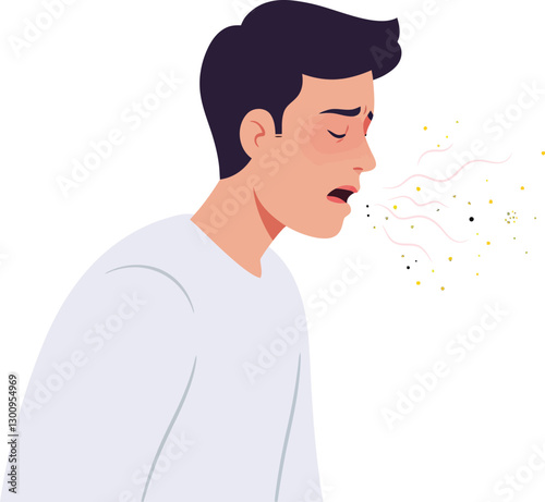 Young man coughing with visible discomfort in a minimal and clean design style vector illustration