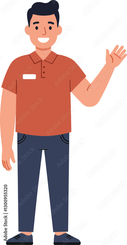 Friendly young man in a casual orange polo shirt waving with a bright smile in a minimal vector illustration