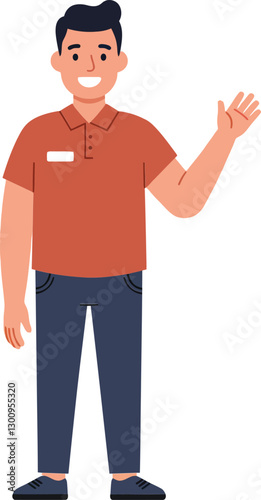 Obraz na płótnie Friendly young man in a casual orange polo shirt waving with a bright smile in a minimal vector illustration w salonie