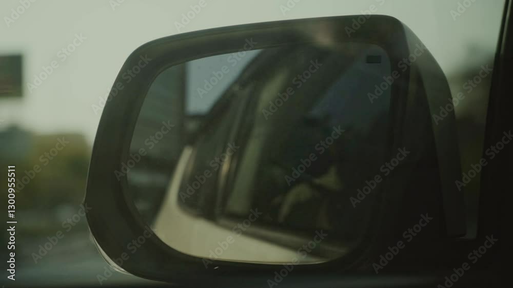 close-up of car mirror view while driving in city of Bangkok Thailand daytime