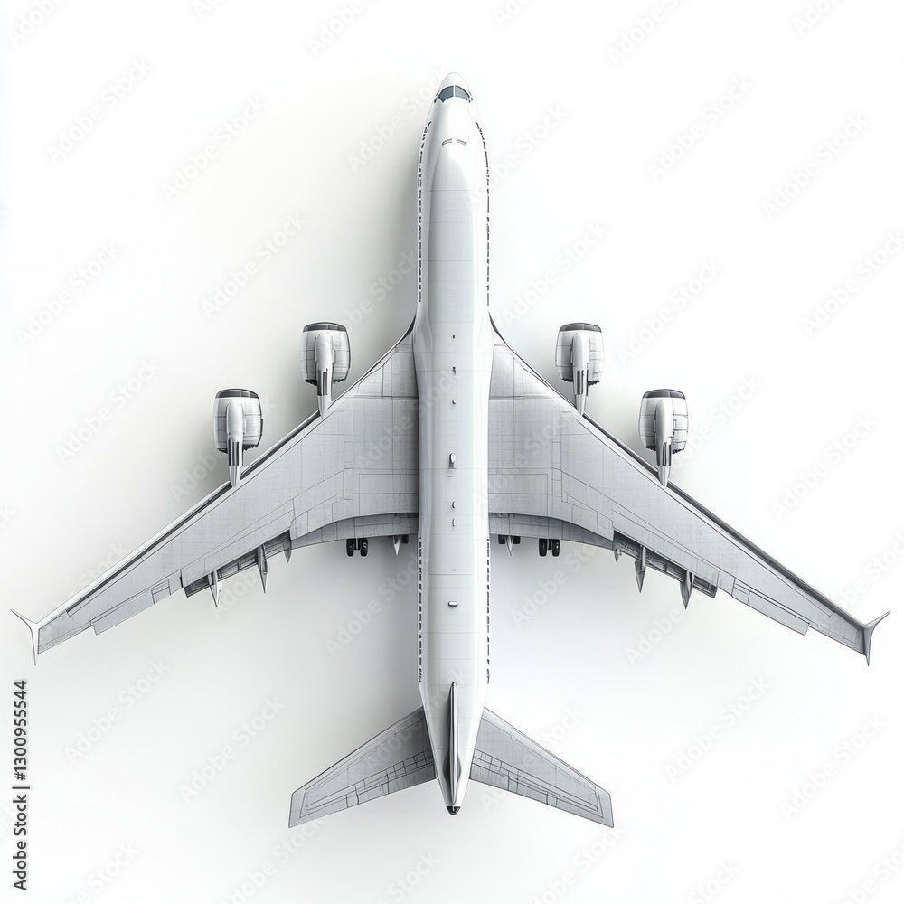 White Airplane Top View on White Background