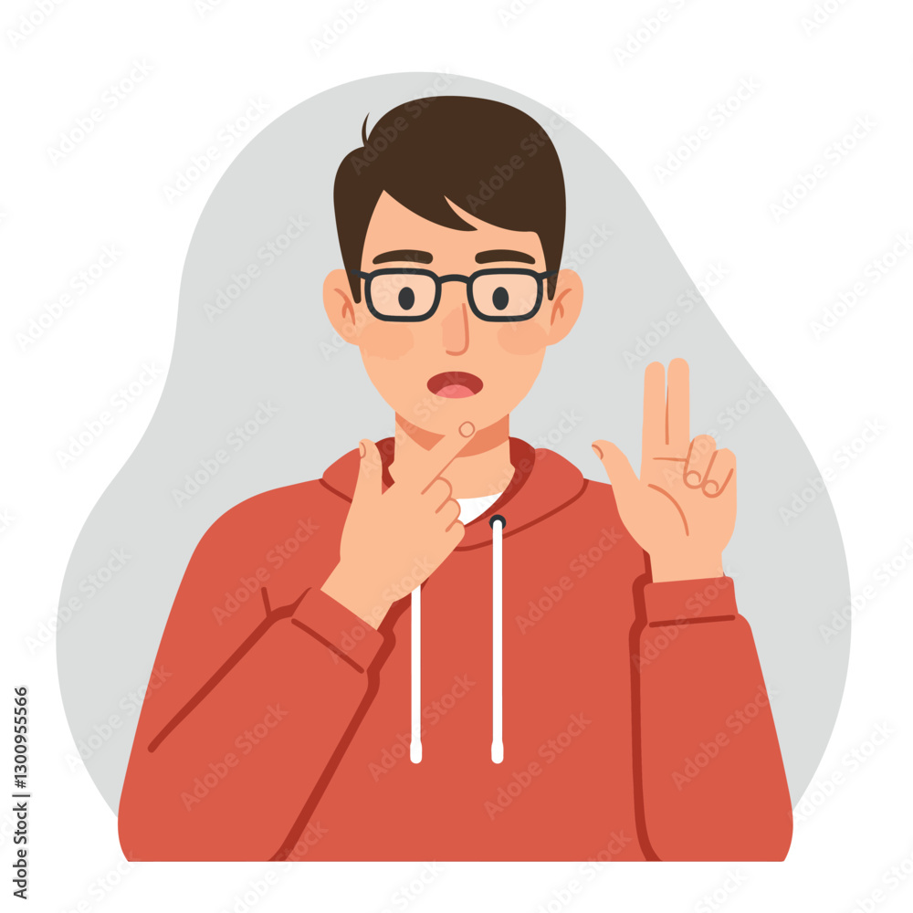 Thoughtful young man in red hoodie contemplating with raised hand in minimal flat vector illustration Thoughtful young man in red hoodie contemplating with raised hand in minimal flat vector illustration