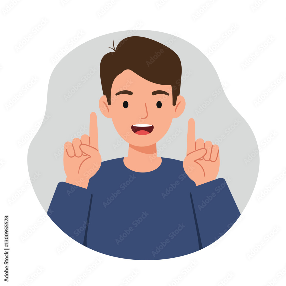 Young man with brown hair smiling and gesturing with raised fingers in a flat design style vector illustration Young man with brown hair smiling and gesturing with raised fingers in a flat design style vector illustration
