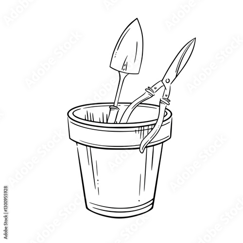 Plant pot with a trowel and pruning shears inside. Isolated vector hand-drawn graphic illustration of a flowerpot, a spade and shears. Perfect for gardening, landscaping, and eco-friendly projects.
