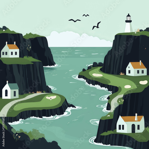 Stunning Coastal Golf Course with Lighthouse and Scenic Cliffside Cottages Overlooking Ocean Waves, Captured in Serene Minimalist Vector Art Design