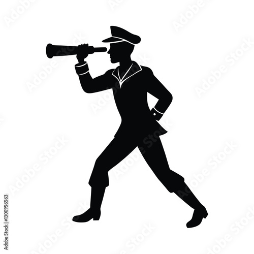 Sailor with telescope silhouette vector illustration.