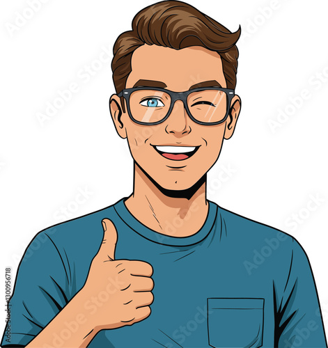 Young man with glasses smiling and giving a thumbs up in a cheerful flat vector illustration