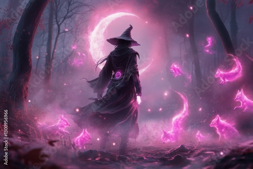 A mystical ninja surrounded by glowing spectral foxes, standing in an enchanted forest illuminated by a crescent moon