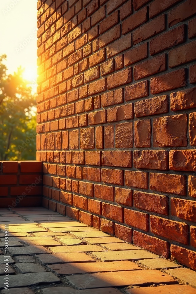 Fototapeta premium Golden hour light bathes precisely laid bricks in a sturdy new wall , bricklayer, building materials