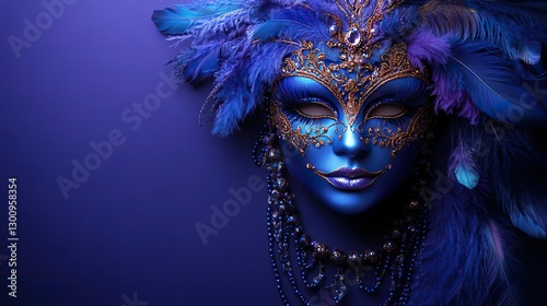Luxurious masquerade mask, beaded necklace, feathers, and fan on rich purple surface with space for message.