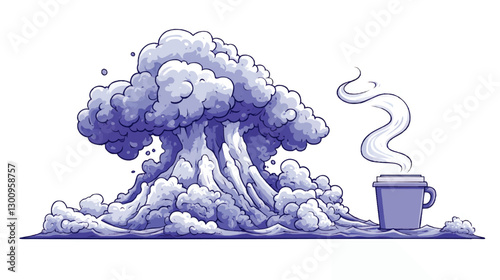 Surreal Coffee Enthusiast Vector: Explosive Cartoon Mug with Steaming Cloud Eruption in Artistic Blue Illustration for Unique Beverage Artwork and T-shirt Design