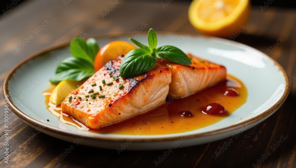Grilled salmon with fruit sauce, elegant plating, fruit, seasonal Grilled salmon with fruit sauce, elegant plating, fruit, seasonal