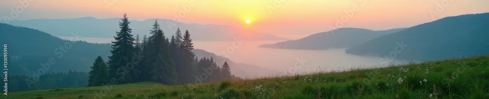 Obraz premium Misty dawn, fir trees stand solitary in fog-shrouded meadow between rolling hills , stock, serene, atmospheric