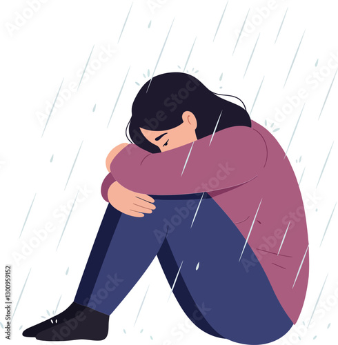 A woman sitting in a corner hugging her knees while rain falls around her in minimal vector illustration