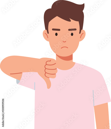 A young man with a neutral expression showing a thumbs down gesture in a flat, minimal design style vector illustration