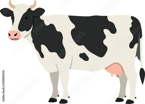 A black and white cow standing gracefully in a flat design style, showcasing its distinctive spots and calm demeanor, vector art