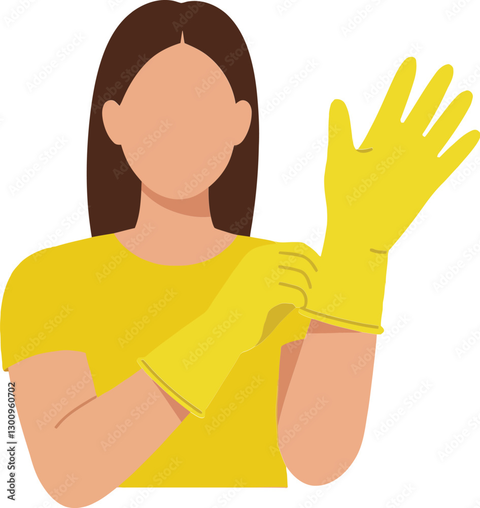 Woman wearing yellow rubber gloves preparing for cleaning in flat design vector art Woman wearing yellow rubber gloves preparing for cleaning in flat design vector art