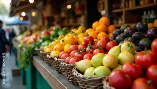 Fototapeta Naklejka Na Ścianę i Meble -  Traditional Greek produce market with fresh fruits, vibrant , vendors
