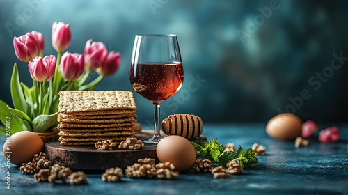 Matza, wine, walnuts, egg, honey, and tulips on blue for Seder.