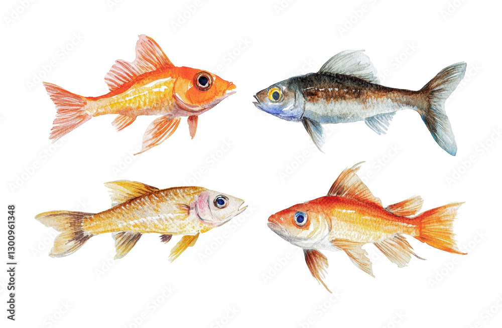 Collection of colorful fish in various species swimming in clear water for decorative purposes, cut out Collection of colorful fish in various species swimming in clear water for decorative purposes, cut out