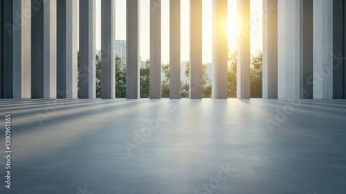 Sunlight filters through concrete columns  casting long shadows on a seamless concrete floor