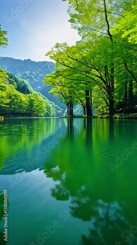 4k水面湖泊绿色自然宁静森林湖面竖版