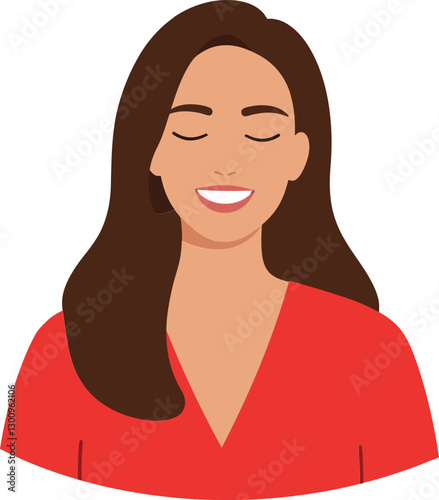Cheerful woman with long brown hair wearing a red top, smiling warmly in a flat vector illustration