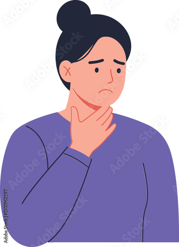 A woman with a concerned expression touching her throat in a flat, minimal design style vector illustration depicting emotional distress and contemplation