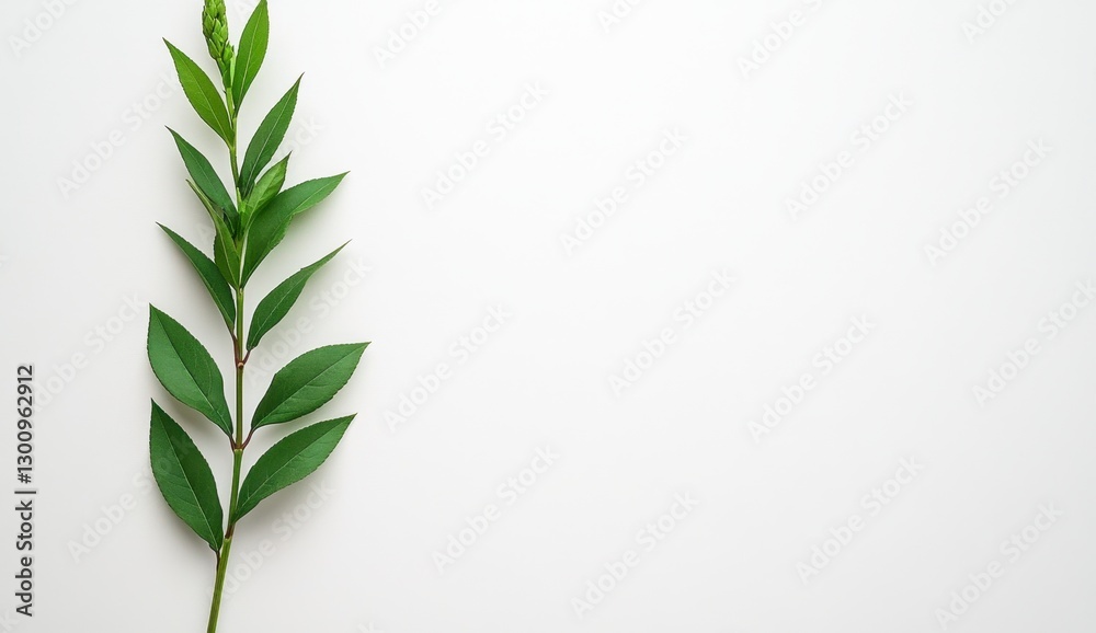 Green Leaf Branch on White Background Minimalist Flatlay Green Leaf Branch on White Background Minimalist Flatlay