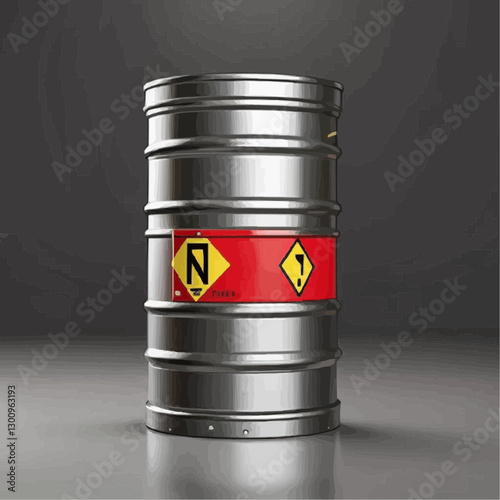 Metallic drum with hazardous material labels in a minimalistic industrial design
