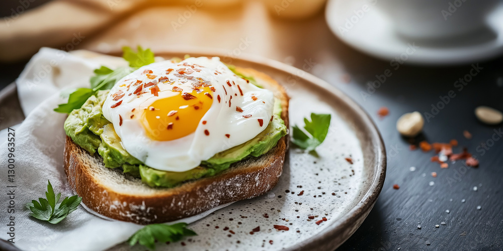 Fresh avocado toast with poached egg on wooden table Fresh avocado toast with poached egg on wooden table