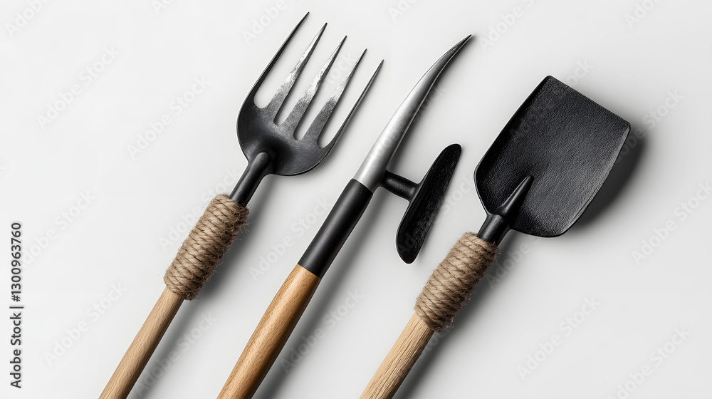 Fototapeta premium Close-up of rustic wooden-handled garden tools including a pitchfork and a trowel UHD 4K Image