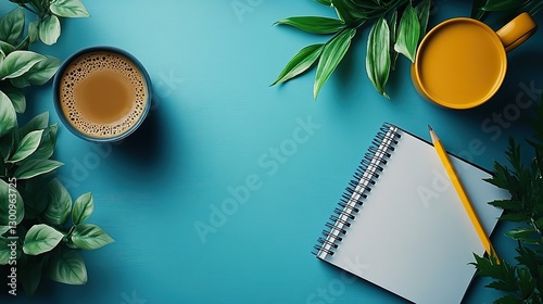 Minimalist workspace laptop, pencil, notebook, plant, and coffee on a blue background with blank space.