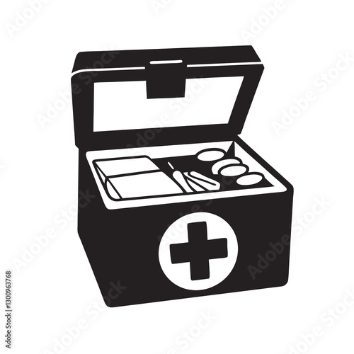 Open first aid kit with medical supplies