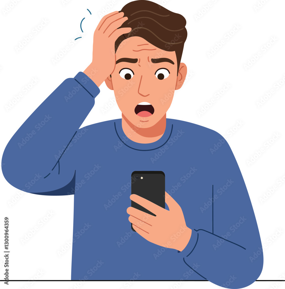 Concerned young man with brown hair showing frustration while looking at his smartphone in flat vector art