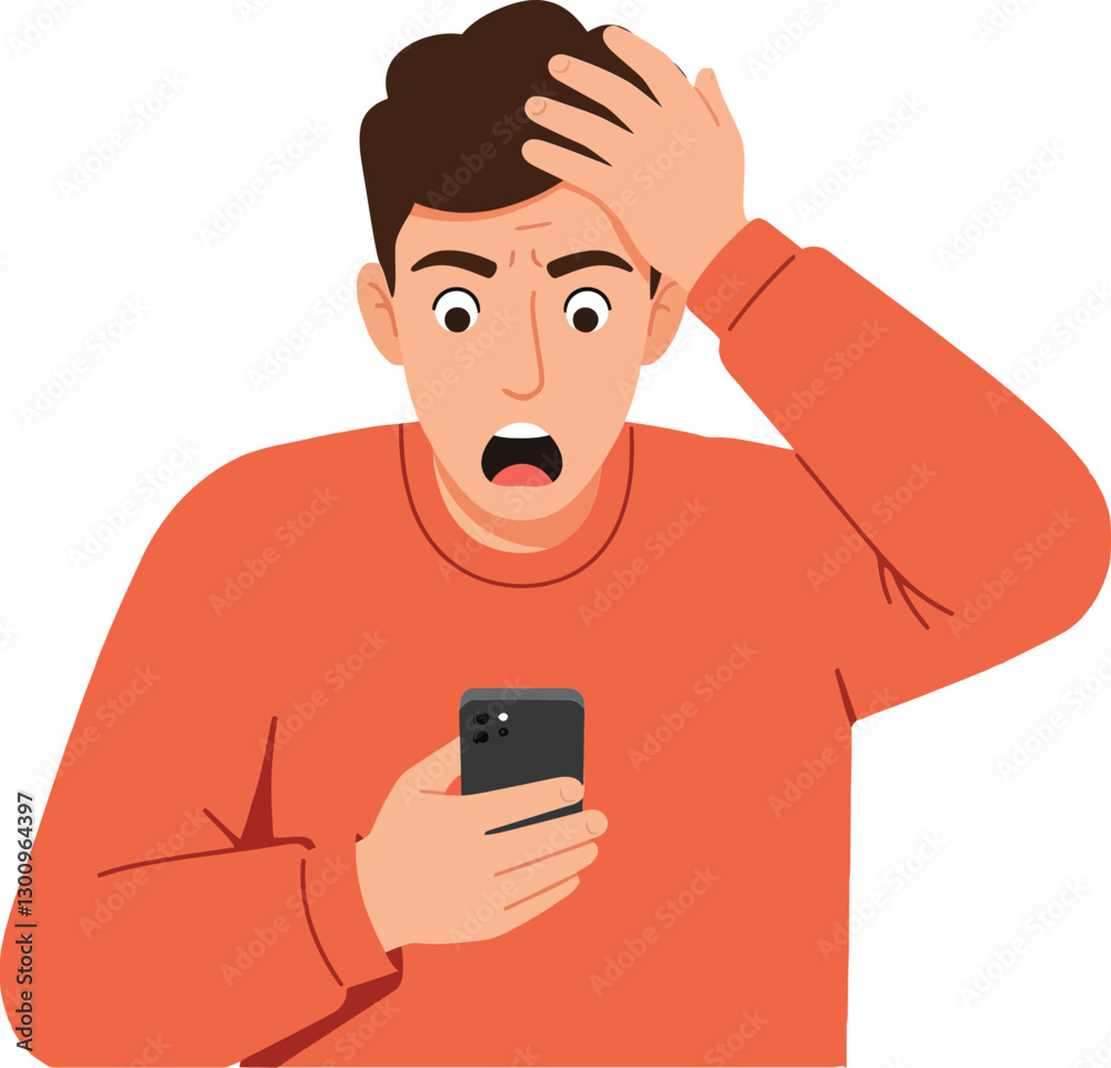 A man looking shocked while holding a smartphone with a worried expression, flat vector illustration depicting surprise and concern in a minimalist style, vector art