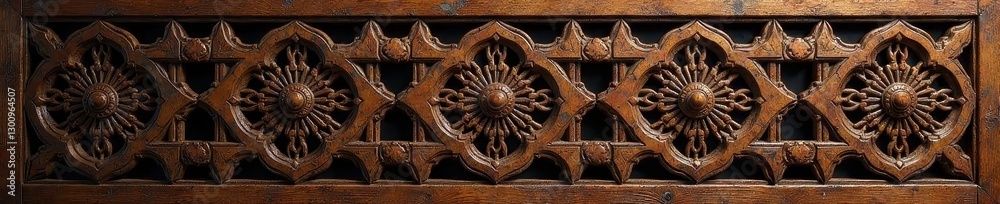 Geometric fretwork, deep brown hues, weathered , wood grain, history Geometric fretwork, deep brown hues, weathered , wood grain, history