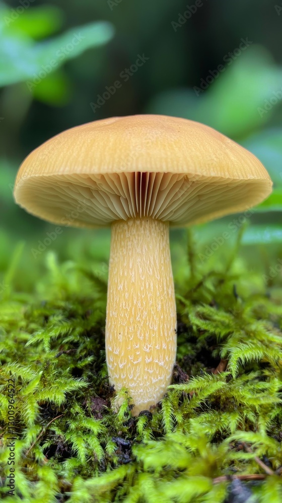 Fototapeta premium Pale Yellow Mushroom Growing in Lush Forest Floor Nature Photography Rich Green Environment Close-Up View Fungal Growth