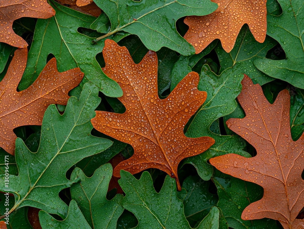 Fototapeta premium Autumn Oak Leaves with Dewdrops Nature Background Close-up View Tranquil Environment Fall Aesthetic
