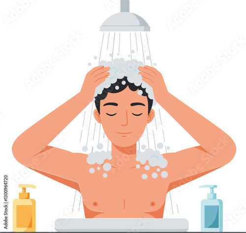 A young man enjoying a refreshing shower in a minimalistic bathroom with soap bubbles, illustrated in a flat design style, vector art