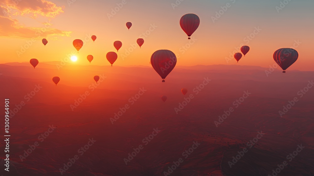 Fototapeta premium Colorful hot air balloons in the sky at sunset, creating a serene and vibrant atmosphere.