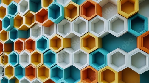 A flat lay of colorful paper boxes arranged in a honeycomb pattern, creating a modern and structured design. 