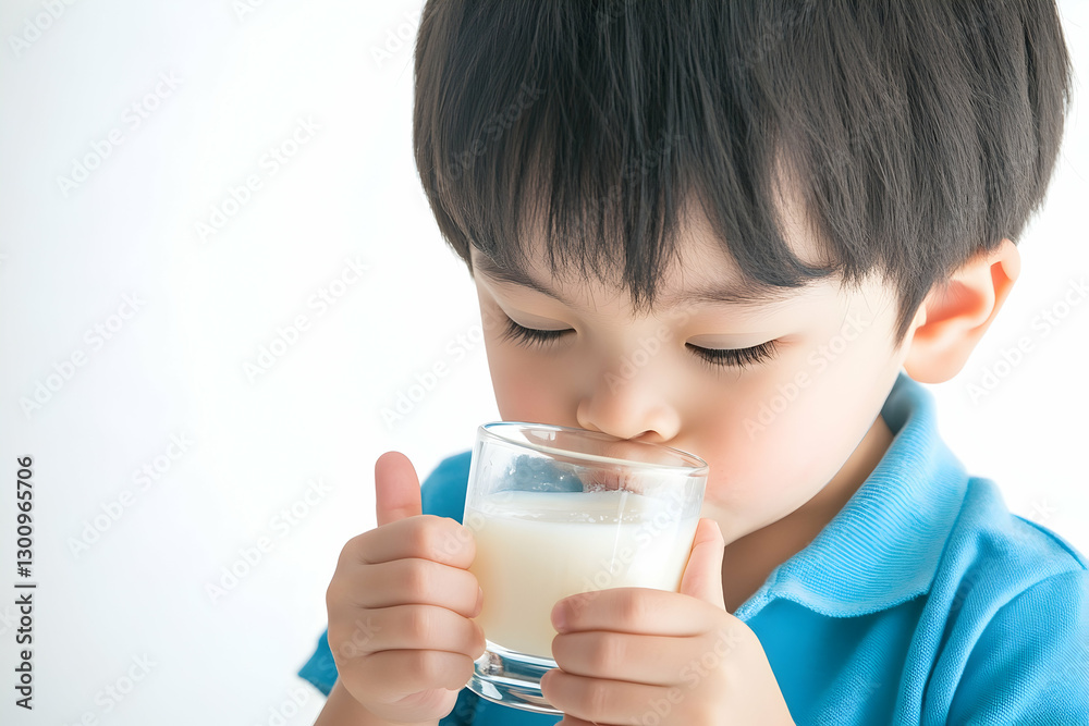 Adorable little boy drinking milk from glass, healthy eating for kids, childhood nutrition concept Adorable little boy drinking milk from glass, healthy eating for kids, childhood nutrition concept