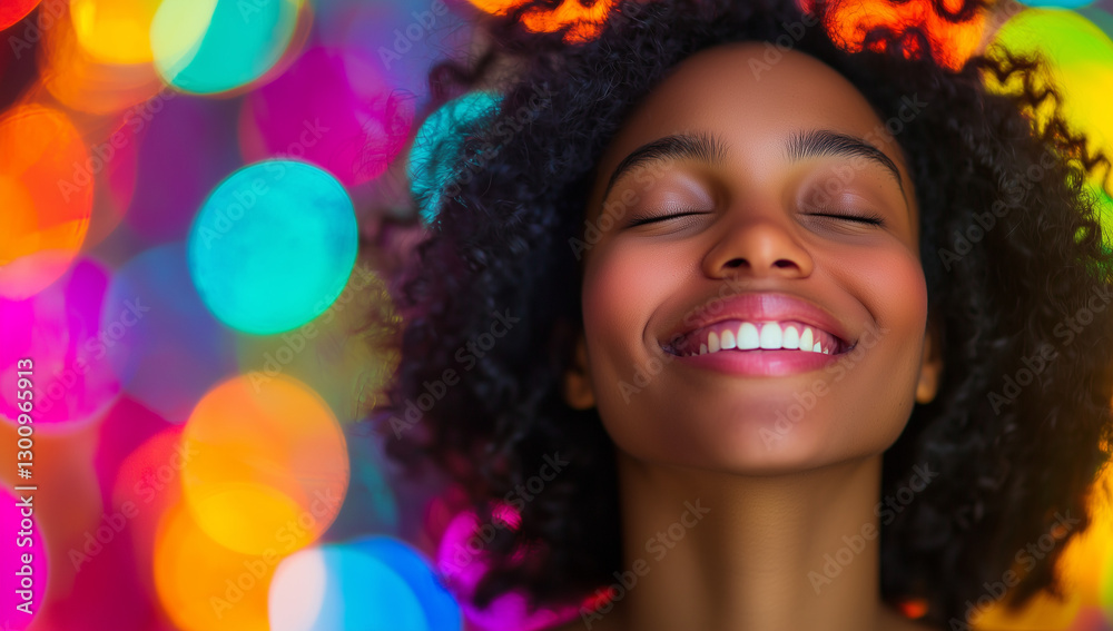 Radiant Woman Smiling with Eyes Closed, Expressing Joy and Happiness Amidst Vibrant Abstract Bokeh Lights Radiant Woman Smiling with Eyes Closed, Expressing Joy and Happiness Amidst Vibrant Abstract Bokeh Lights