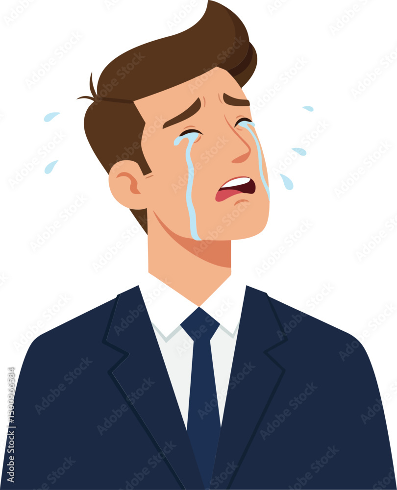 A distressed businessman shedding tears in a formal suit, depicted in a minimal and colorful design style, expressing deep emotions through vector illustration A distressed businessman shedding tears in a formal suit, depicted in a minimal and colorful design style, expressing deep emotions through vector illustration