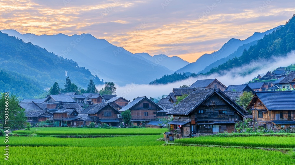 Fototapeta premium A misty village with wooden houses and lush rice fields stretching into the distance at sunrise. --chaos 20 --ar 16:9 --quality 2 --v 6.1 Job ID: 5e917666-fb70-4e0e-a931-2b9a28d4c5f4
