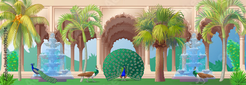 vector cartoon indian Mughal garden, arch, peacock, fountain, plant illustration. Hand drawn clip art. 
