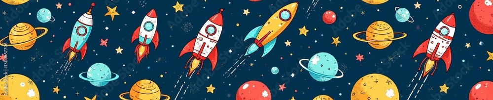 Whimsical seamless doodle toy pattern featuring rockets, aliens, and planets, imagination, fantasy Whimsical seamless doodle toy pattern featuring rockets, aliens, and planets, imagination, fantasy